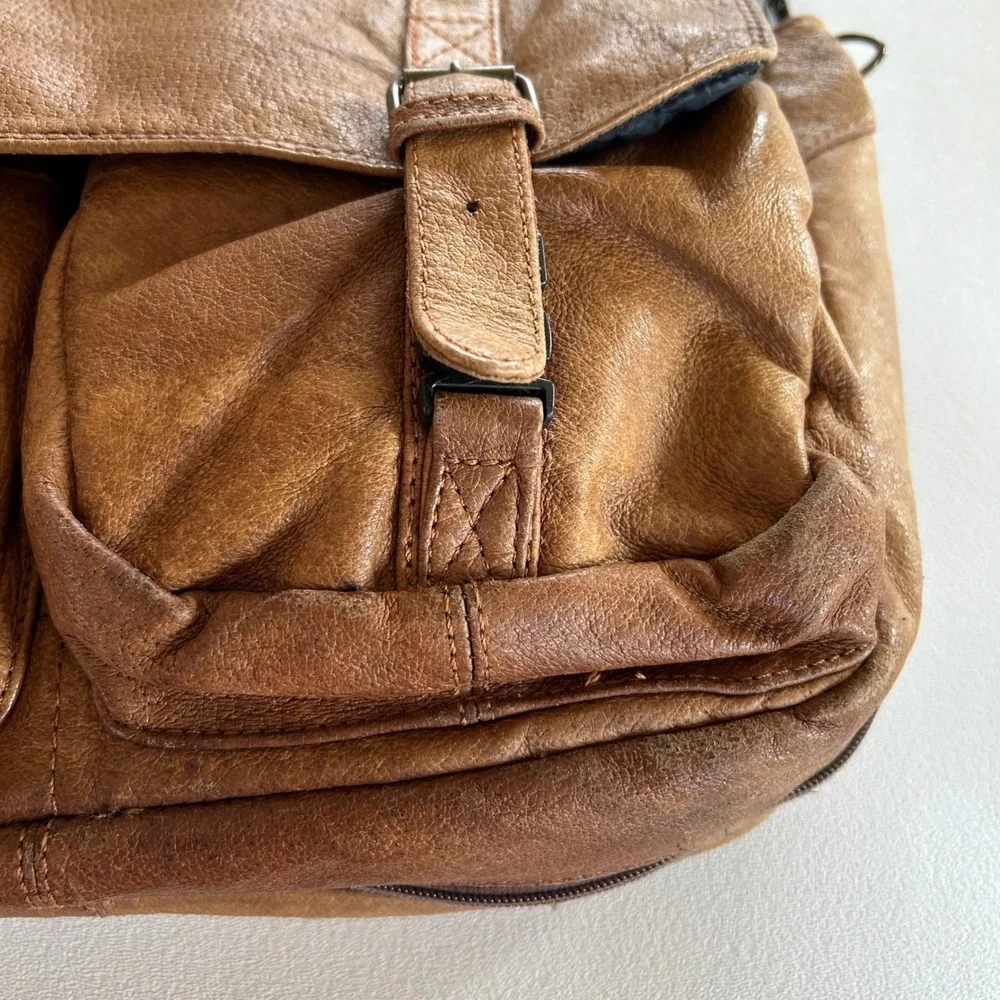 Unisex‎ Vintage Messenger Bag Tan Brown Distressed Leather Satchel Academic Boho